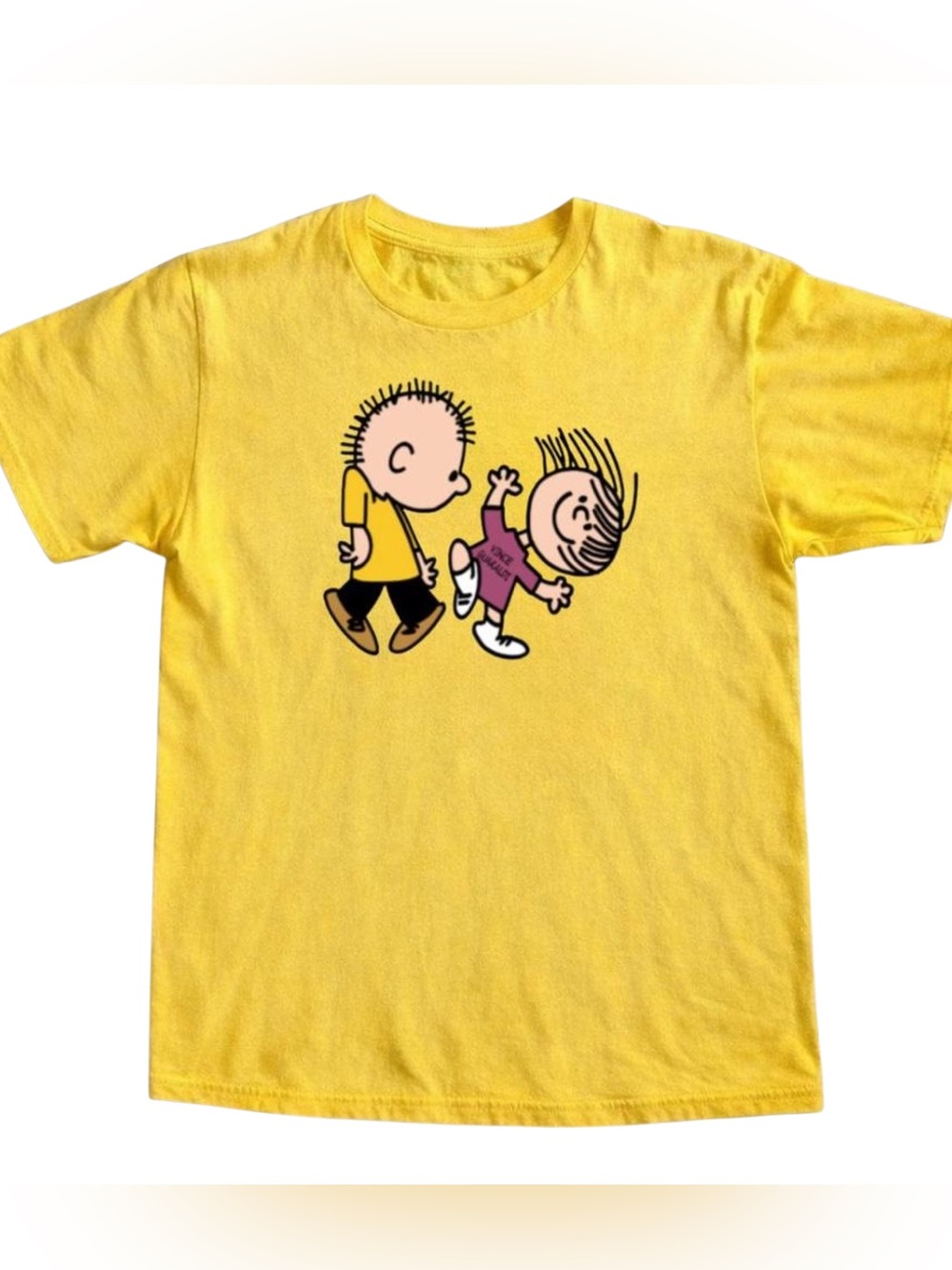 Yellow Cute Short Sleeve Graphic Tee with Playful Characters